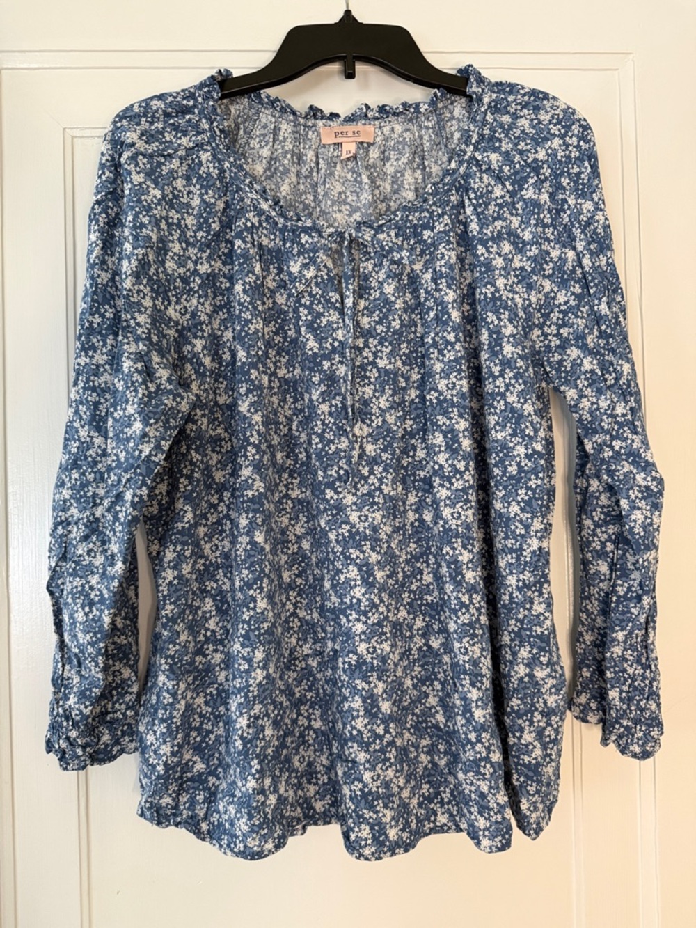 Per Se 1X Blue White Floral Peasant Blouse | Flowy Tie Neck Lightweight Top